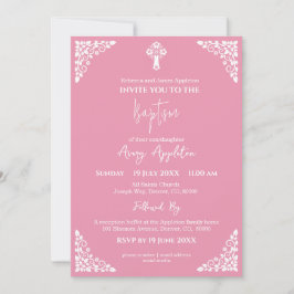 Invitation Floral Cross Baptism Rose Pink Einladung
