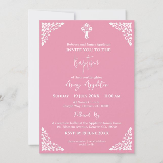 Invitation Floral Cross Baptism Rose Pink Einladung (Vorderseite)