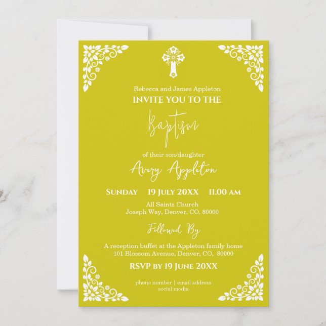 Invitation Floral Cross Baptism Yellow Einladung (Vorderseite)