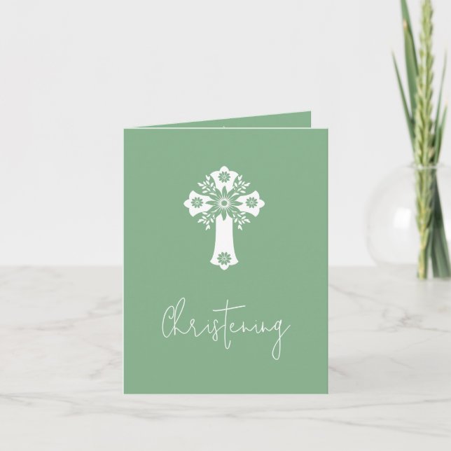 Invitation Floral Cross Christening Sage Green (Devant)