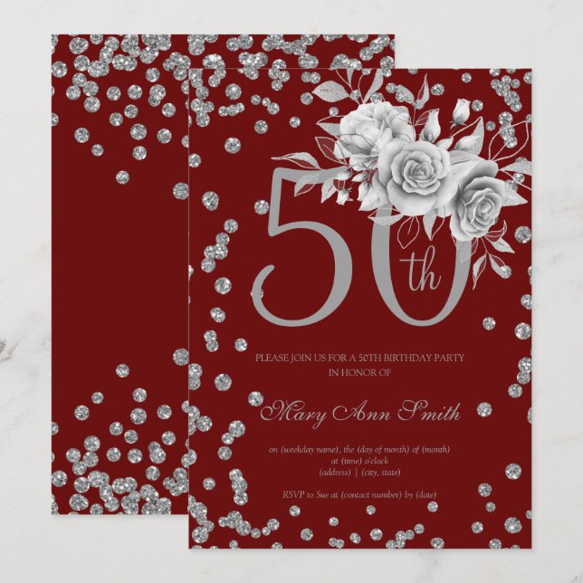Invitation Floral d'argent et Confetti 50e anniversaire Bourg (Devant / Derrière)