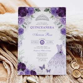 Invitation Floral d'argent violet Quinceañera Mis Quince Anos