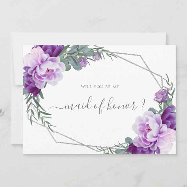 Invitation Floral d'argent violet vous serez ma femme d'honne (Devant)