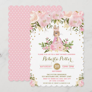 Invitation floral de baby shower de lapin d'or
