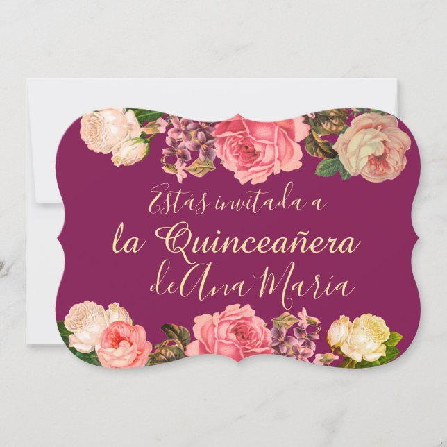 Invitation Floral de Borgoña Quinceanera Celebración (Devant)