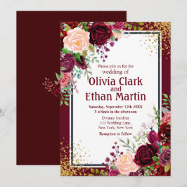 Invitation Floral de Bourgogne avec Parties scintillant d'or 
