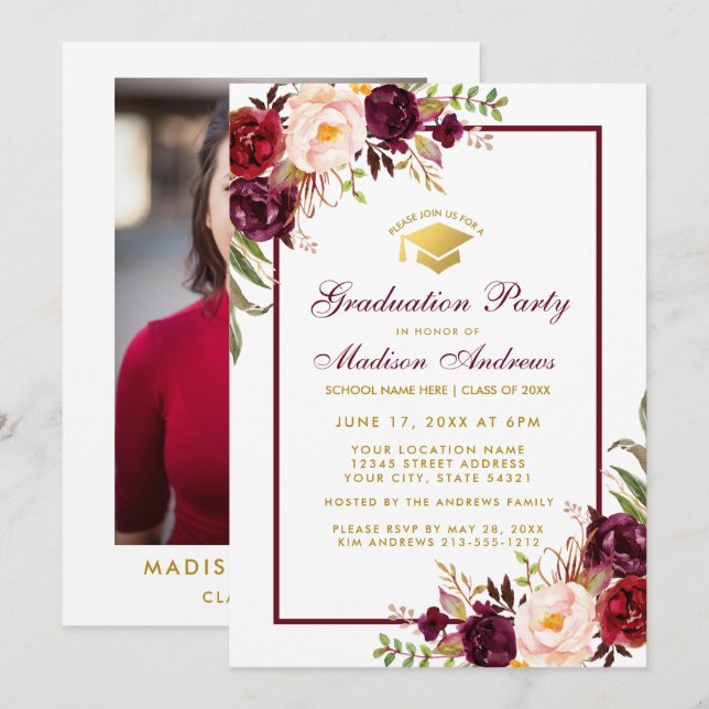 Invitation floral de la fête de graduation - Photo (Devant / Derrière)