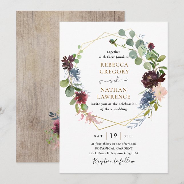 Invitation Floral de la marine de Bourgogne avec Mariage de v (Devant / Derrière)