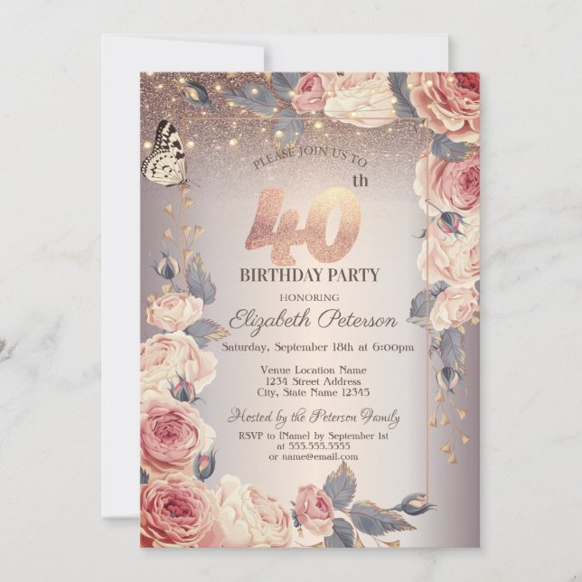 Invitation Floral de luxe, Papillon, Lumières 40e anniversair (Devant)