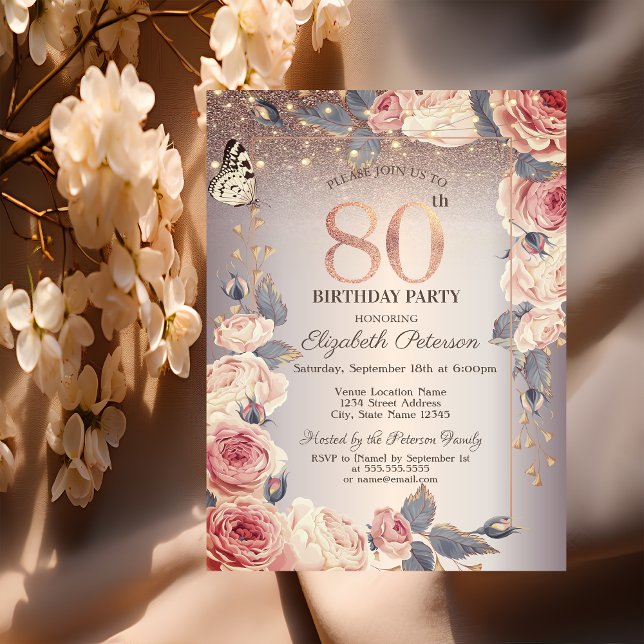 Invitation Floral de luxe, Papillon, Lumières 80e anniversair (Créateur téléchargé)