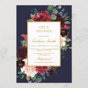 Invitation Floral de marine bordeaux et rose roux avec or