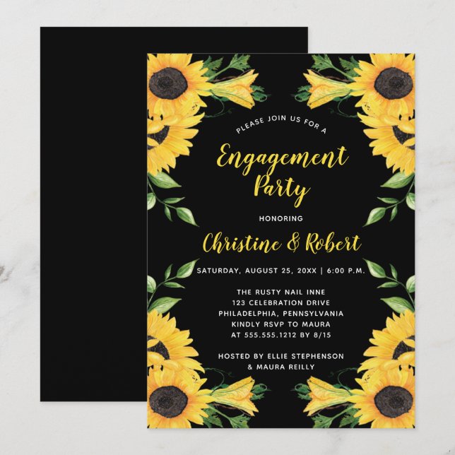 Invitation Floral de tournesol de Boho | Black Engagement Par (Devant / Derrière)