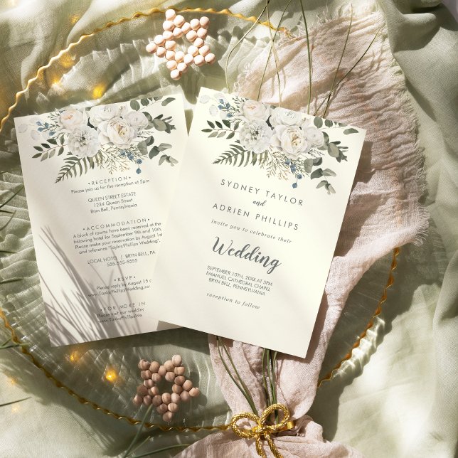Invitation Floral d'hiver | Mariage avant et arrière ivoire (Créateur téléchargé)