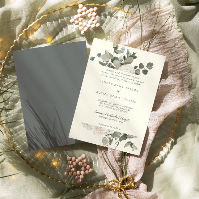 Invitation Floral d'hiver | Mariage traditionnel ivoire (Créateur téléchargé)