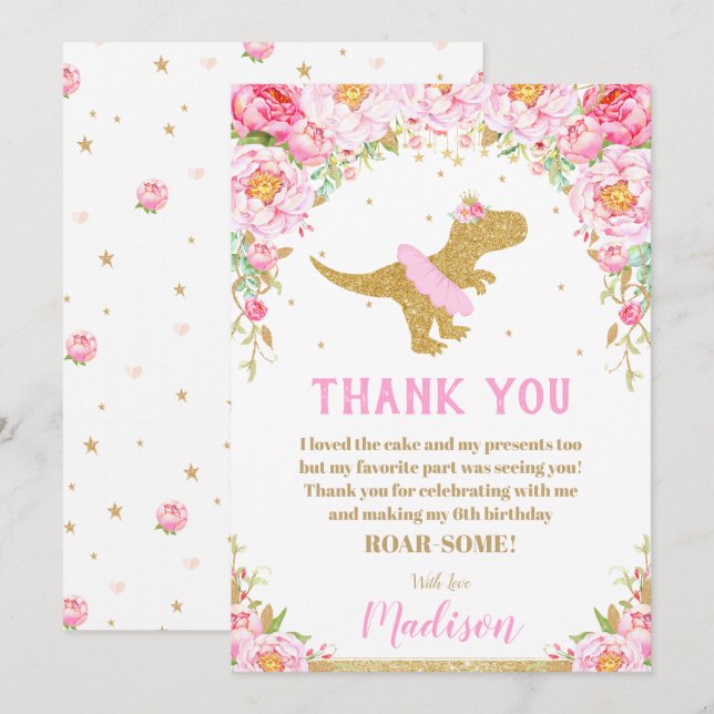 Invitation Floral Dinosaur Anniversaire Fille T-Rex (Devant / Derrière)