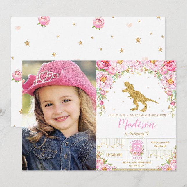 Invitation Floral Dinosaur Anniversaire Fille T-Rex Photo (Devant / Derrière)