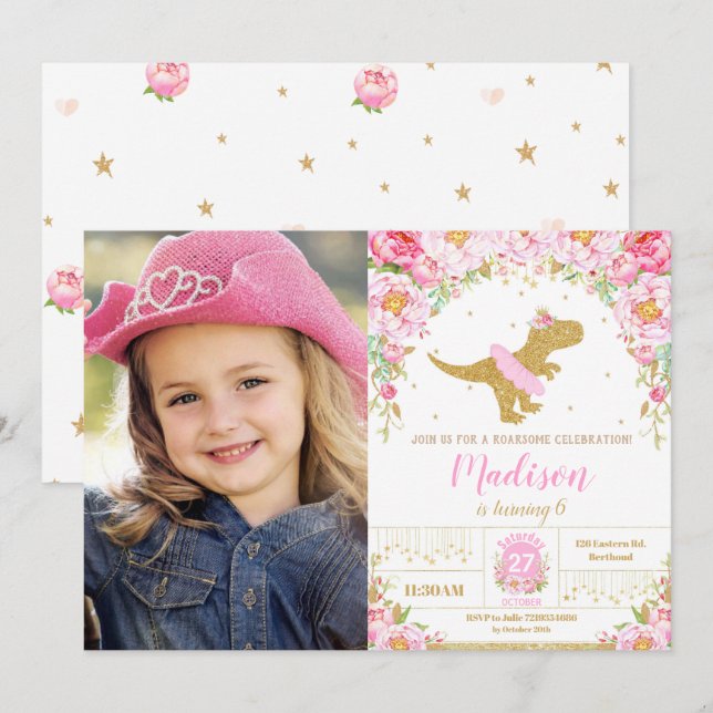 Invitation Floral Dinosaur Anniversaire Fille T-Rex Tutu Phot (Devant / Derrière)
