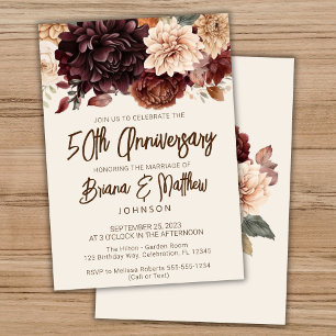 Invitation Floral d'ivoire beige Brown 50e anniversaire Maria