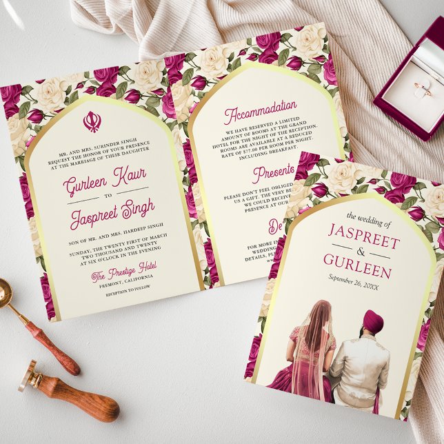 Invitation Floral d'ivoire magenta tout en un Mariage sikh (Créateur téléchargé)