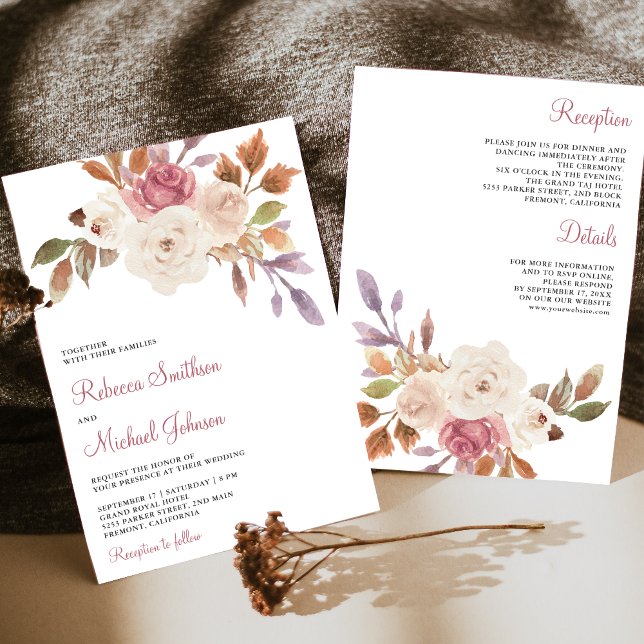 Invitation Floral d'ivoire rose poussiéreux en un seul Mariag (Créateur téléchargé)
