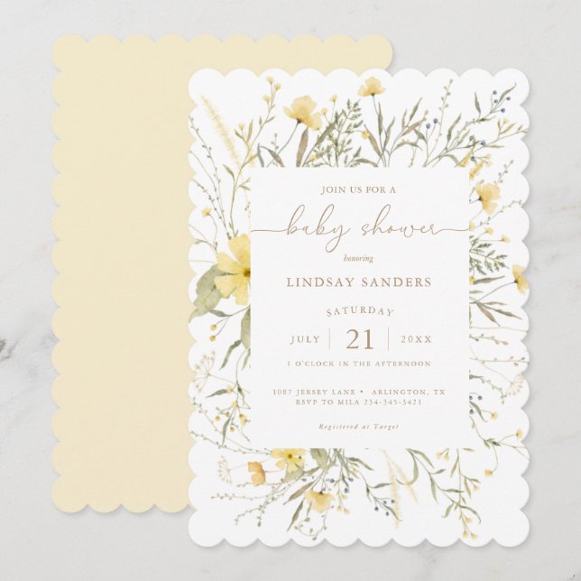 Invitation Floral d'or | Baby shower Fleur sauvage à écharpe (Devant / Derrière)