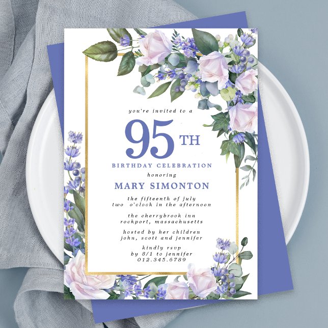 Invitation Floral d'or bleu blanc 95e anniversaire (Créateur téléchargé)