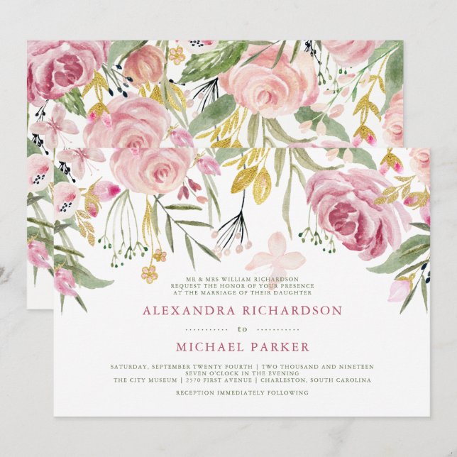 Invitation Floral d'or | Mariage d'aquarelle rose (Devant / Derrière)