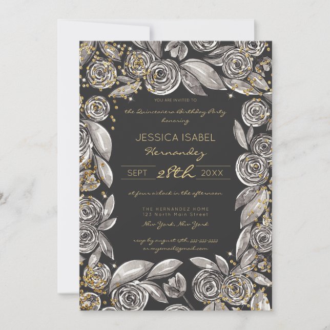 Invitation Floral d'or noir Confetti Aquarelle Quinceañera (Devant)