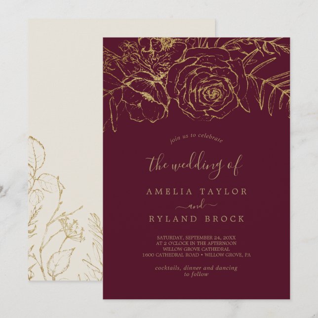 Invitation Floral doré | Bourgogne et or Le Mariage de (Devant / Derrière)