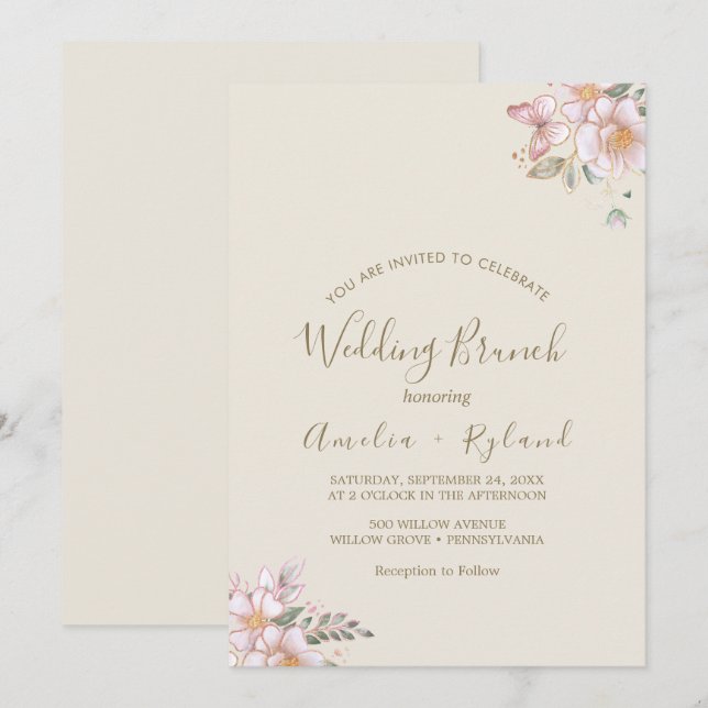Invitation Floral doré | Brunch Mariage crème et or (Devant / Derrière)