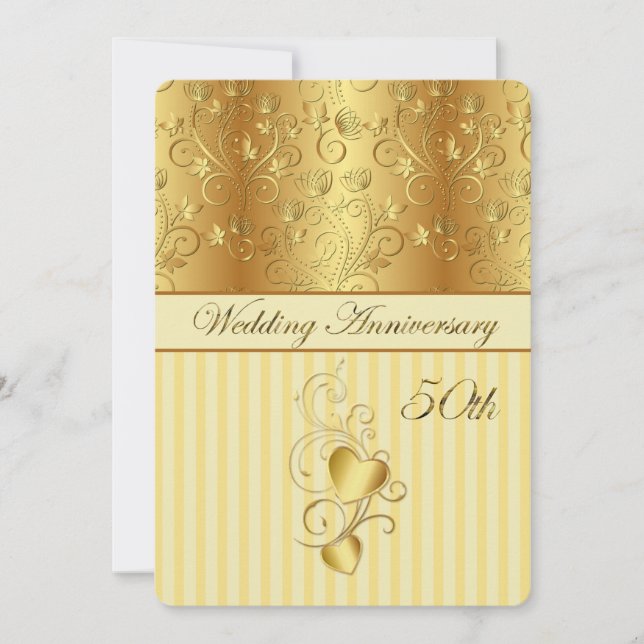 Invitation Floral doré, coeur 50e anniversaire de Mariage (Devant)