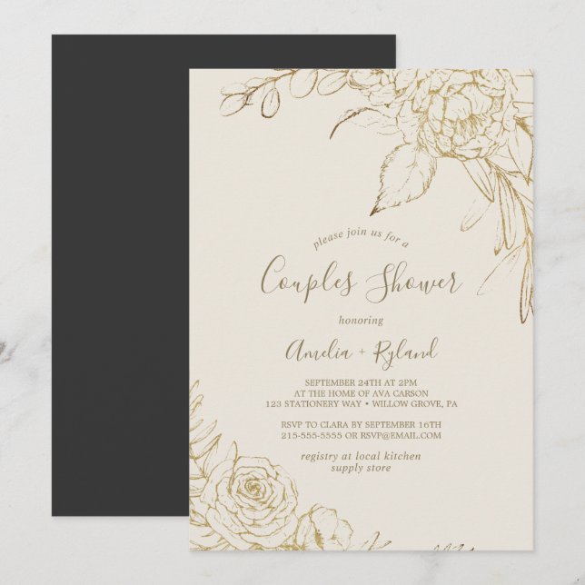Invitation Floral doré | Couples crème et or douche (Devant / Derrière)