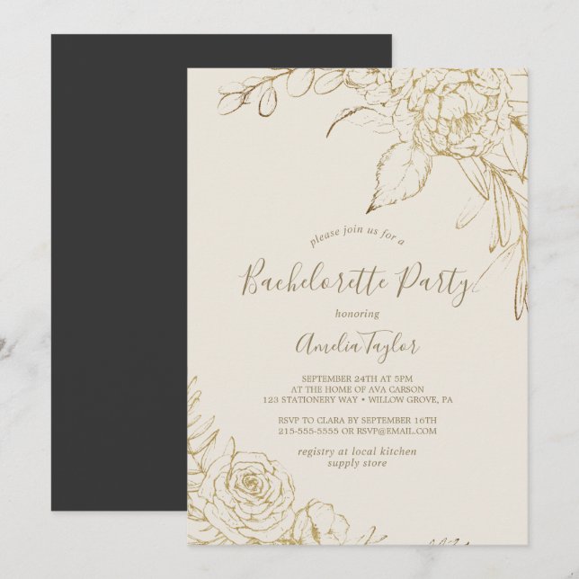 Invitation Floral doré | Cream et Gold Bachelorette Party (Devant / Derrière)