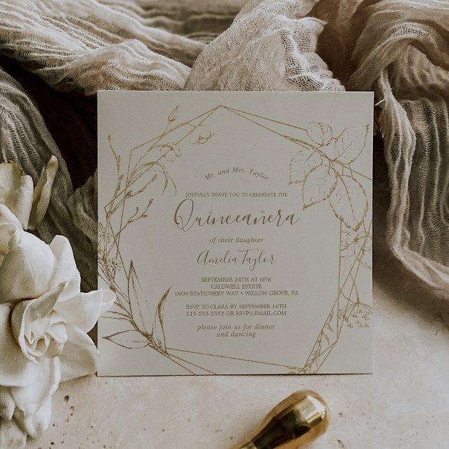 Invitation Floral doré | Cream et Gold Quinceañera (Créateur téléchargé)