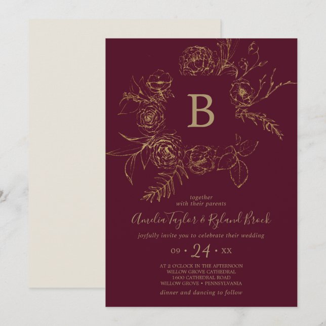 Invitation Floral doré | Mariage de monogramme Bourgogne et o (Devant / Derrière)