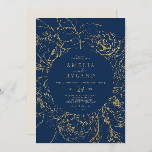 Invitation Floral doré | Mariage Décontracté bleu et or marin (Devant / Derrière)
