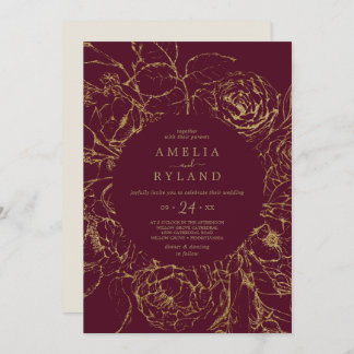 Invitation Floral doré | Mariage Décontracté Bourgogne et or