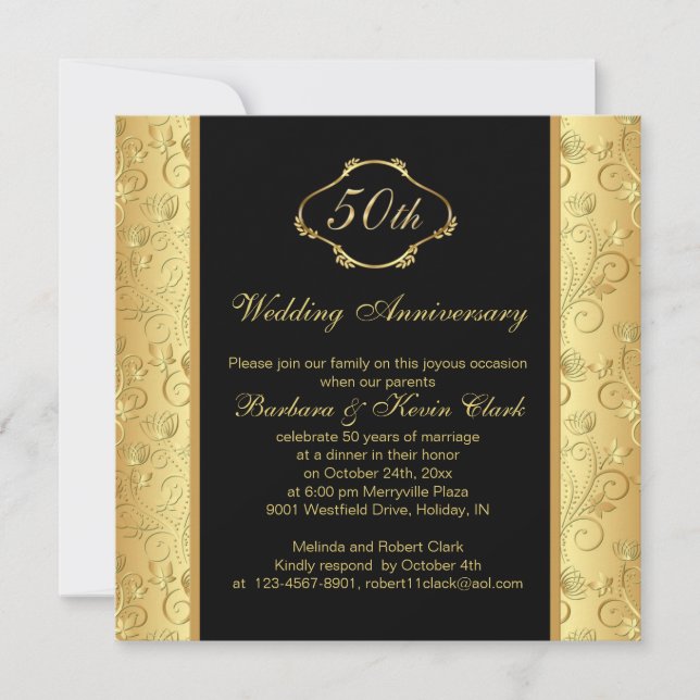Invitation Floral doré noir 50e anniversaire de Mariage (Devant)