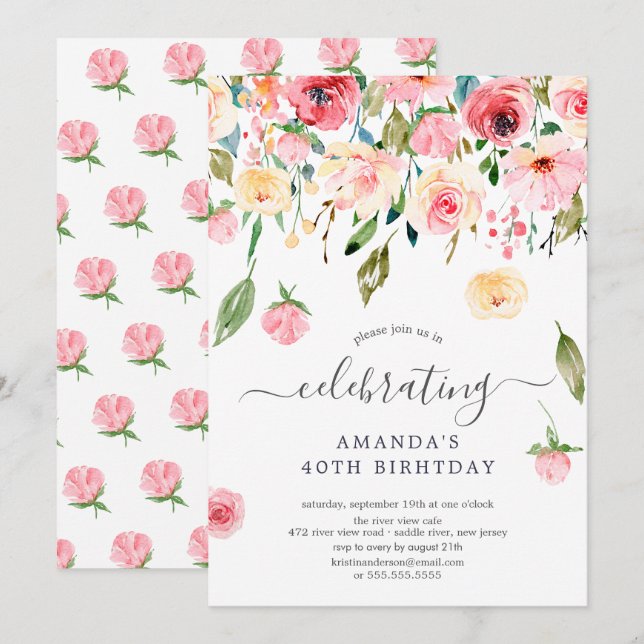 Invitation Floral Drop Pink Peonies Anniversaire (Devant / Derrière)