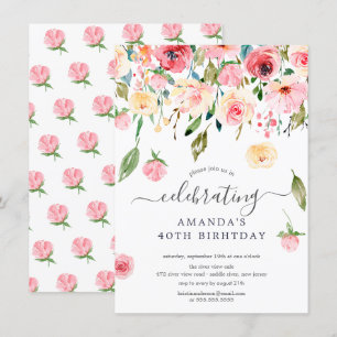Invitation Floral Drop Pink Peonies Anniversaire Fête Invitat