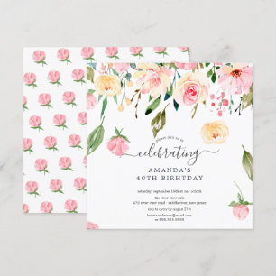 Invitation Floral Drop Pink Peonies Anniversaire Fête Invitat