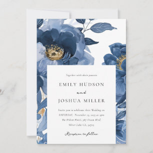 Invitation Floral Dusky Blue Gold Mariage élégant