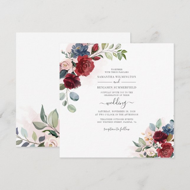 Invitation Floral Dusty Bleu Bourgogne Mariage botanique (Devant / Derrière)