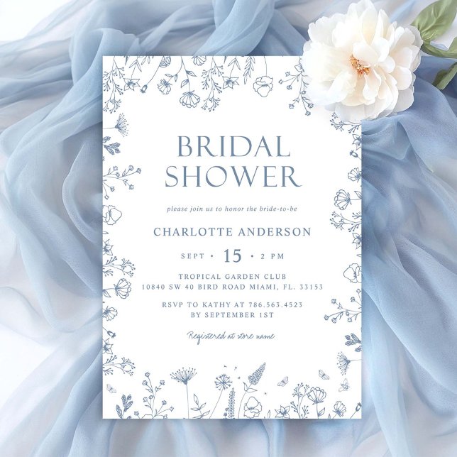 Invitation Floral Dusty Bleu Élégante Fête des mariées (Créateur téléchargé)
