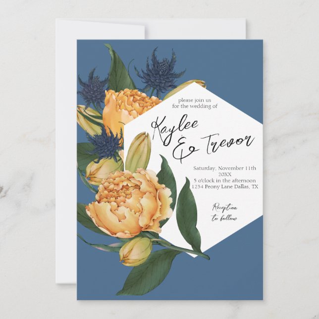 Invitation Floral Dusty bleu et Mariage orange (Devant)