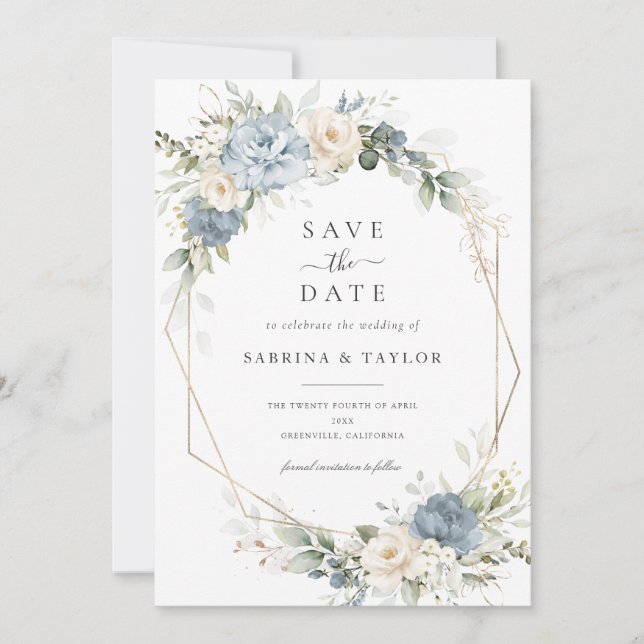 Invitation Floral Dusty Bleu Vert Mariage Enregistrer La Date (Devant)