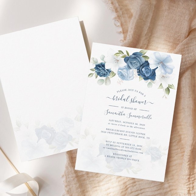 Invitation Floral Dusty Blue Aquarelle Fête des mariées de fe (Dusty Blue Floral Watercolor Script Bridal Shower Invitation)