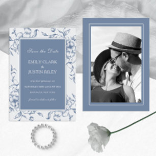 Invitation Floral Dusty Blue Enregistrer la date Photo Mariag
