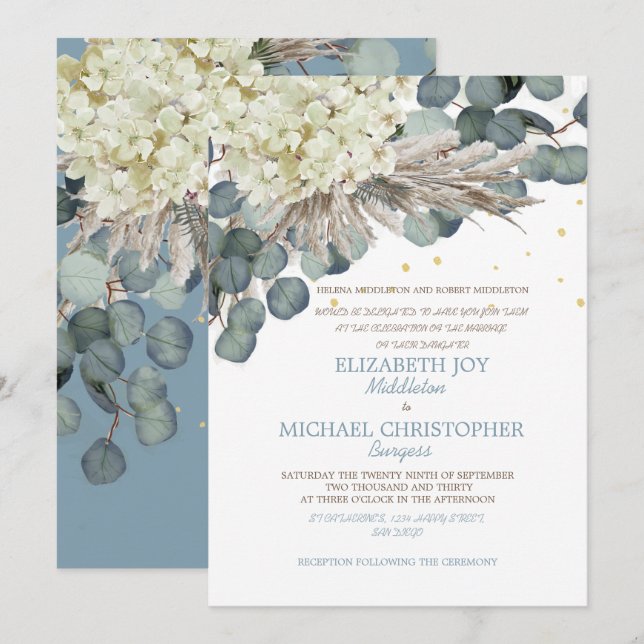 Invitation Floral Dusty Blue Eucalyptus Élégant Mariage or (Devant / Derrière)