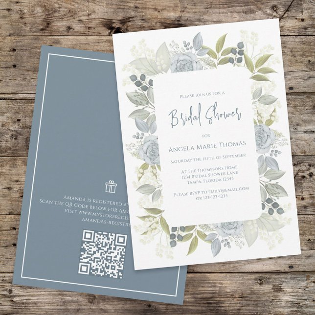 Invitation Floral Dusty Blue Fête des mariées QR Code cadeau (Créateur téléchargé)